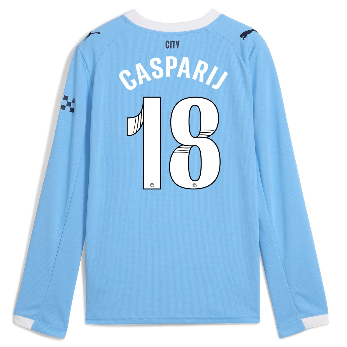 Manchester City kids manchester city home jersey 202526 long sleeve with casparij 18 printing Collection - ManchesterCitystore.com