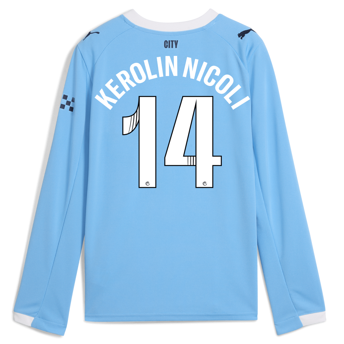 Manchester City kids manchester city home jersey 202526 long sleeve with kerolin nicoli 14 printing Collection - ManchesterCitystore.com
