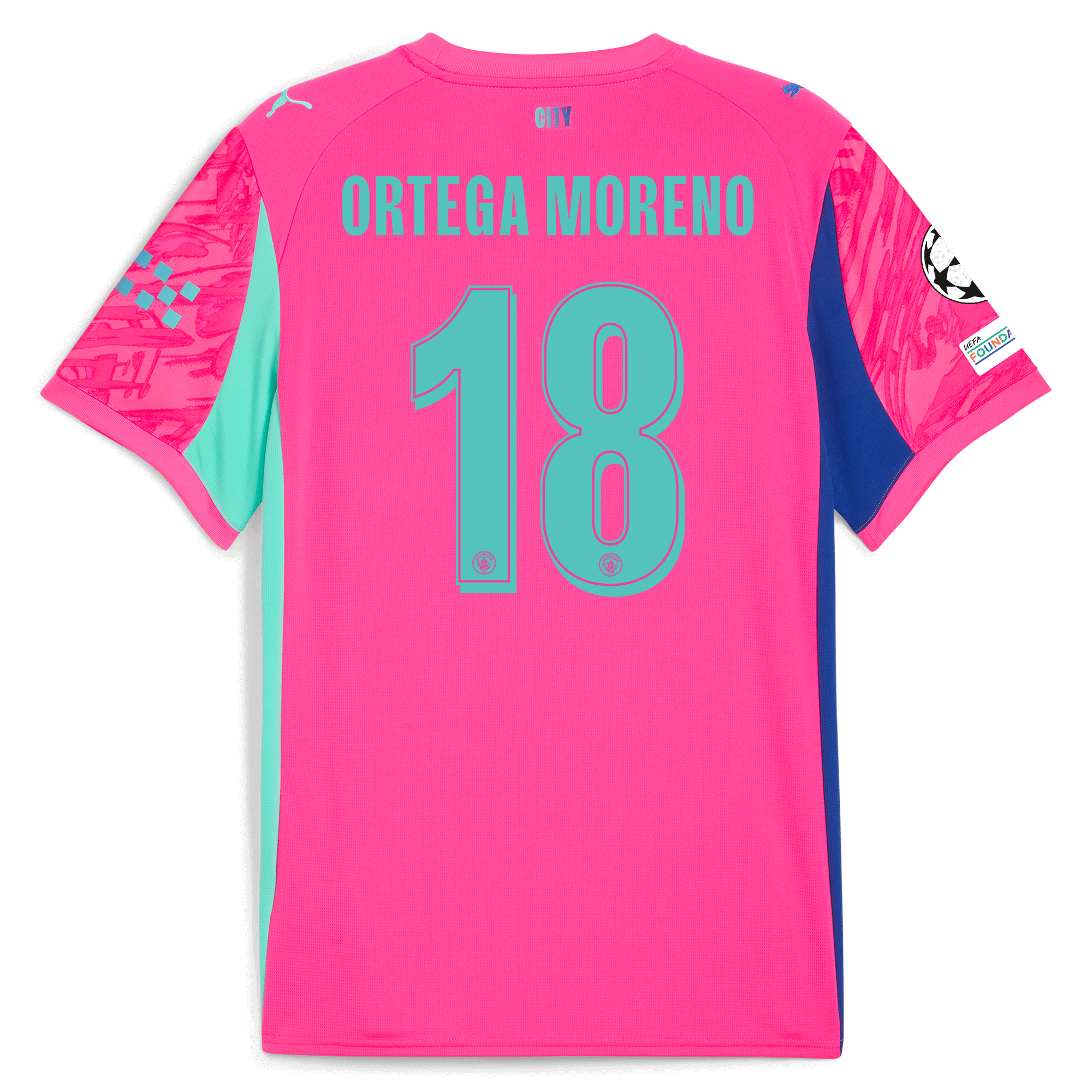 Manchester City kids manchester city man city champions league goalkeeper jersey pink 202526 with ortega moreno 18 printing Collection - ManchesterCitystore.com