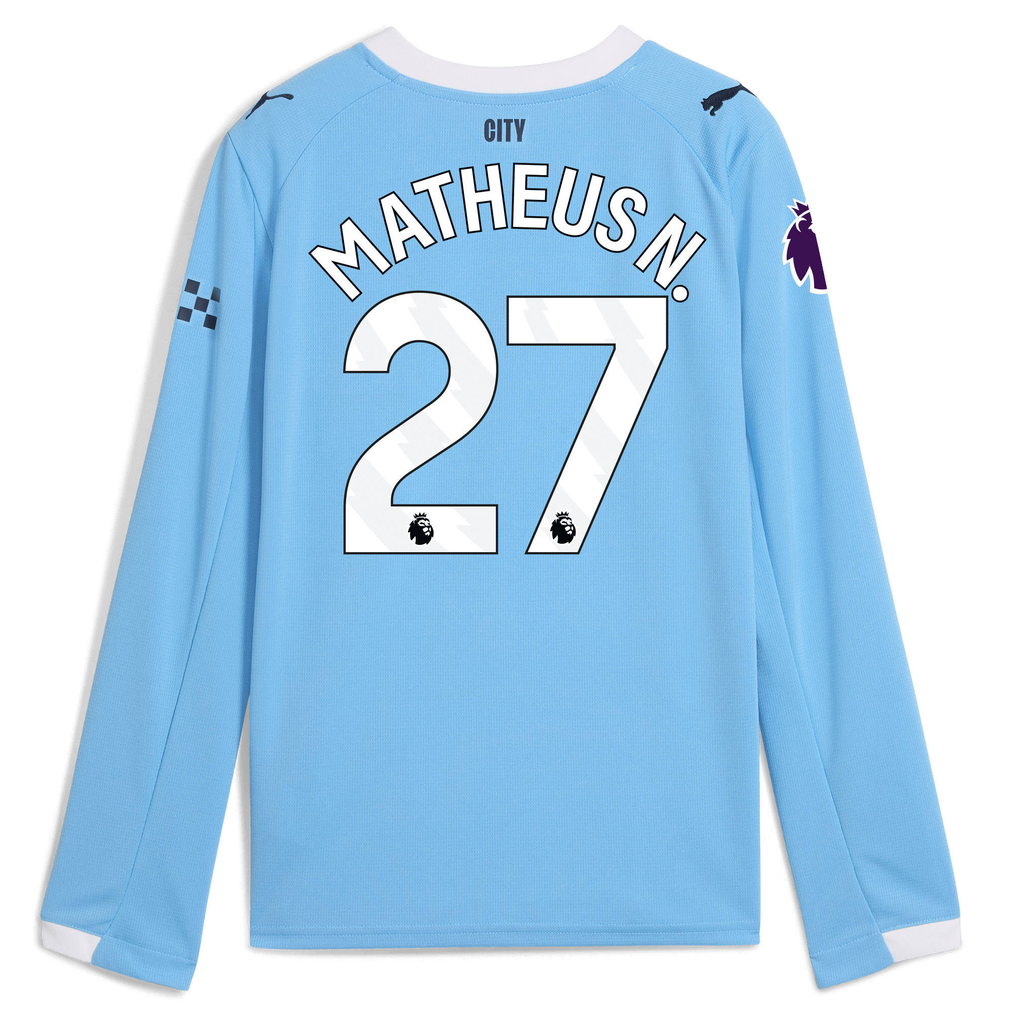 Manchester City kids manchester city premier league home jersey 202526 long sleeve with matheus n. 27 printing Collection - ManchesterCitystore.com