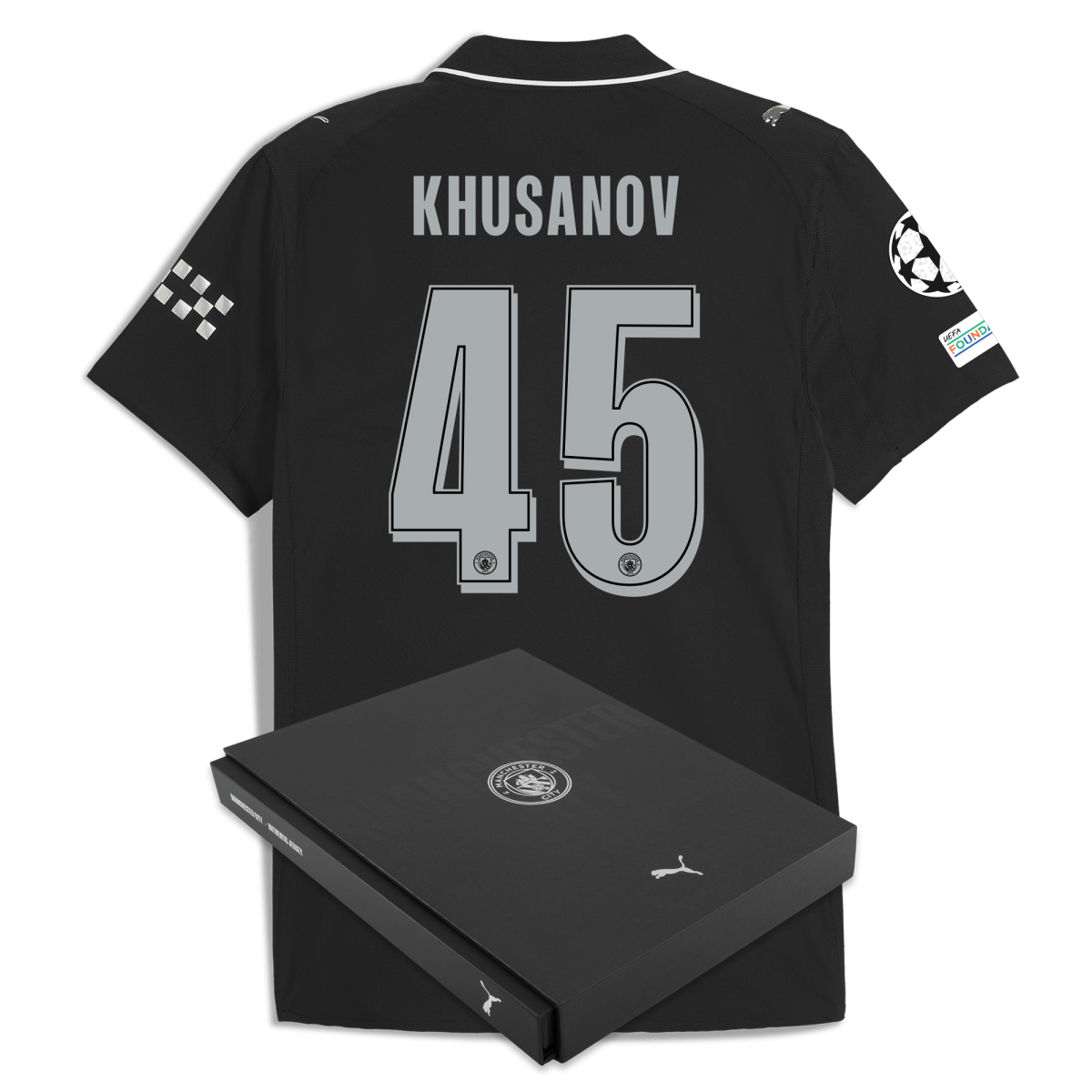 Manchester City manchester city man city champions league away authentic jersey 202526 with khusanov 45 printing in gift box Collection - ManchesterCitystore.com