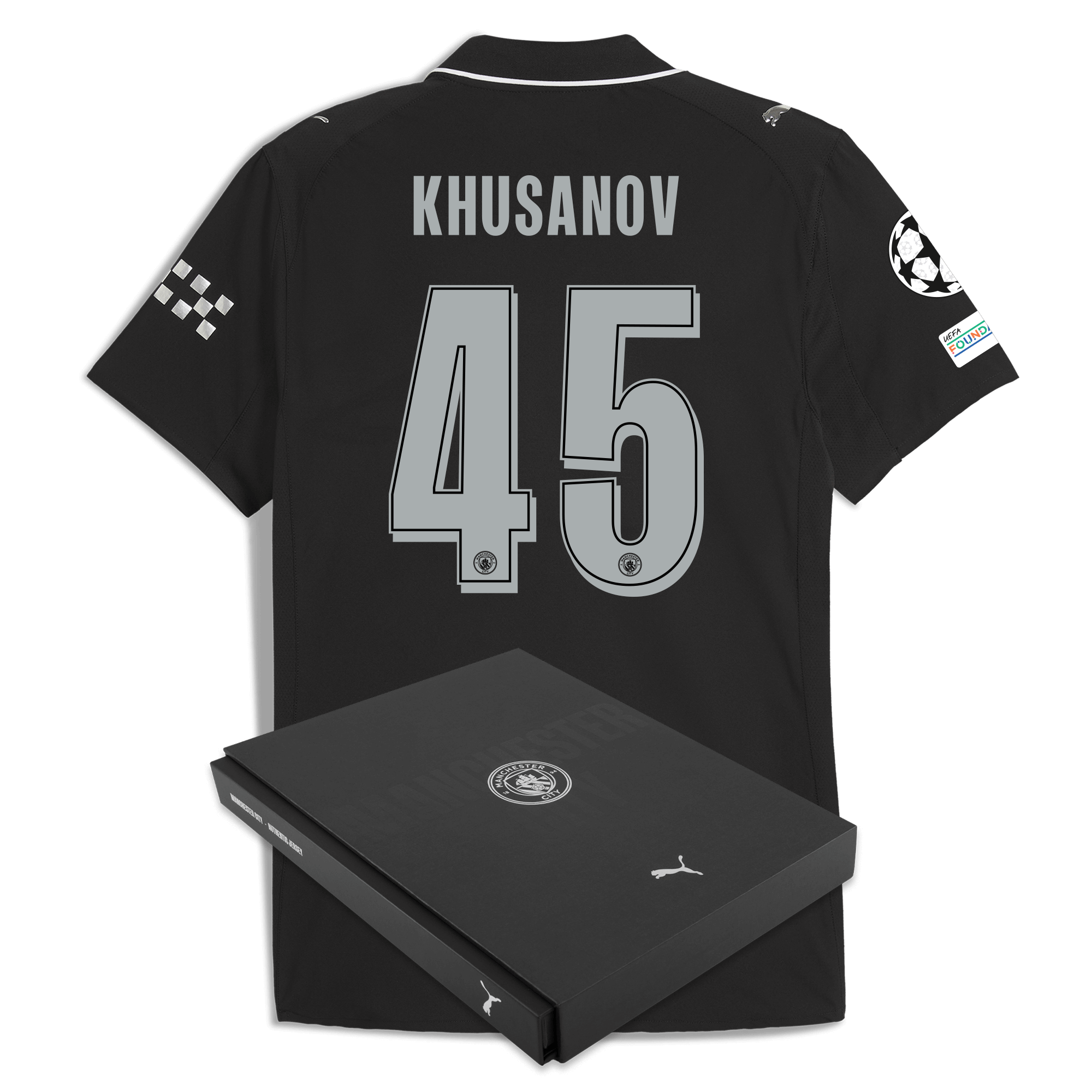 Manchester City manchester city man city champions league away authentic jersey 202526 with khusanov 45 printing in gift box Collection - ManchesterCitystore.com