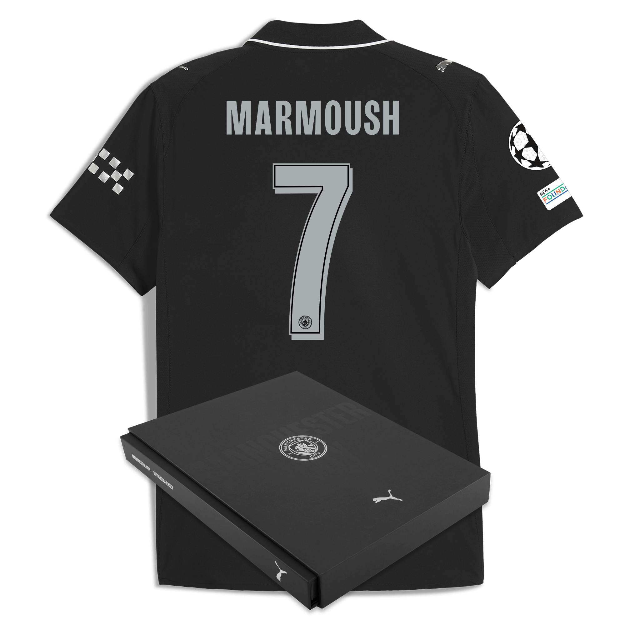 Manchester City manchester city man city champions league away authentic jersey 202526 with marmoush 7 printing in gift box Collection - ManchesterCitystore.com