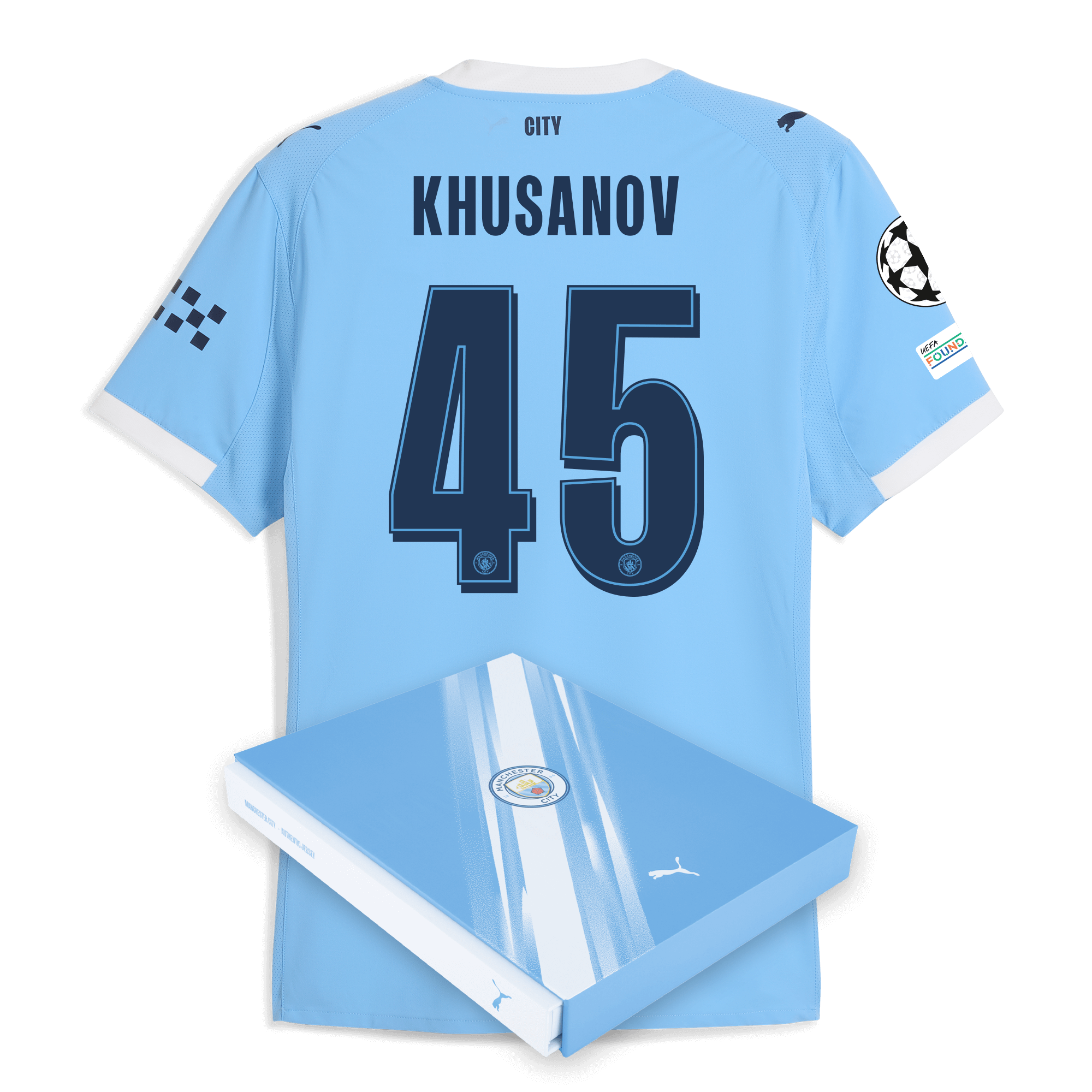 Manchester City manchester city man city champions league home authentic jersey 202526 with khusanov 45 printing in gift box Collection - ManchesterCitystore.com
