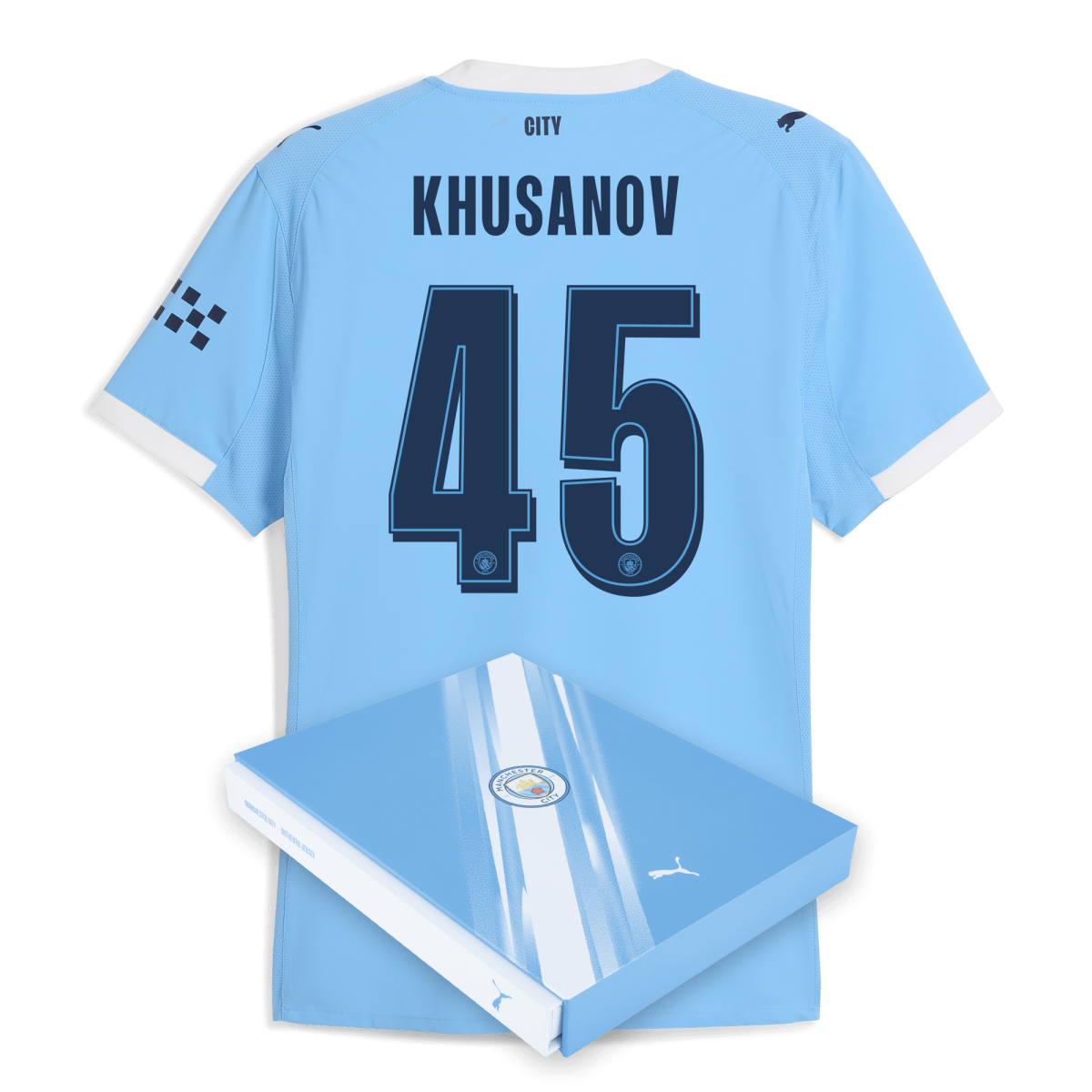 Manchester City manchester city man city home authentic jersey 202526 with khusanov 45 printing in gift box Collection - ManchesterCitystore.com