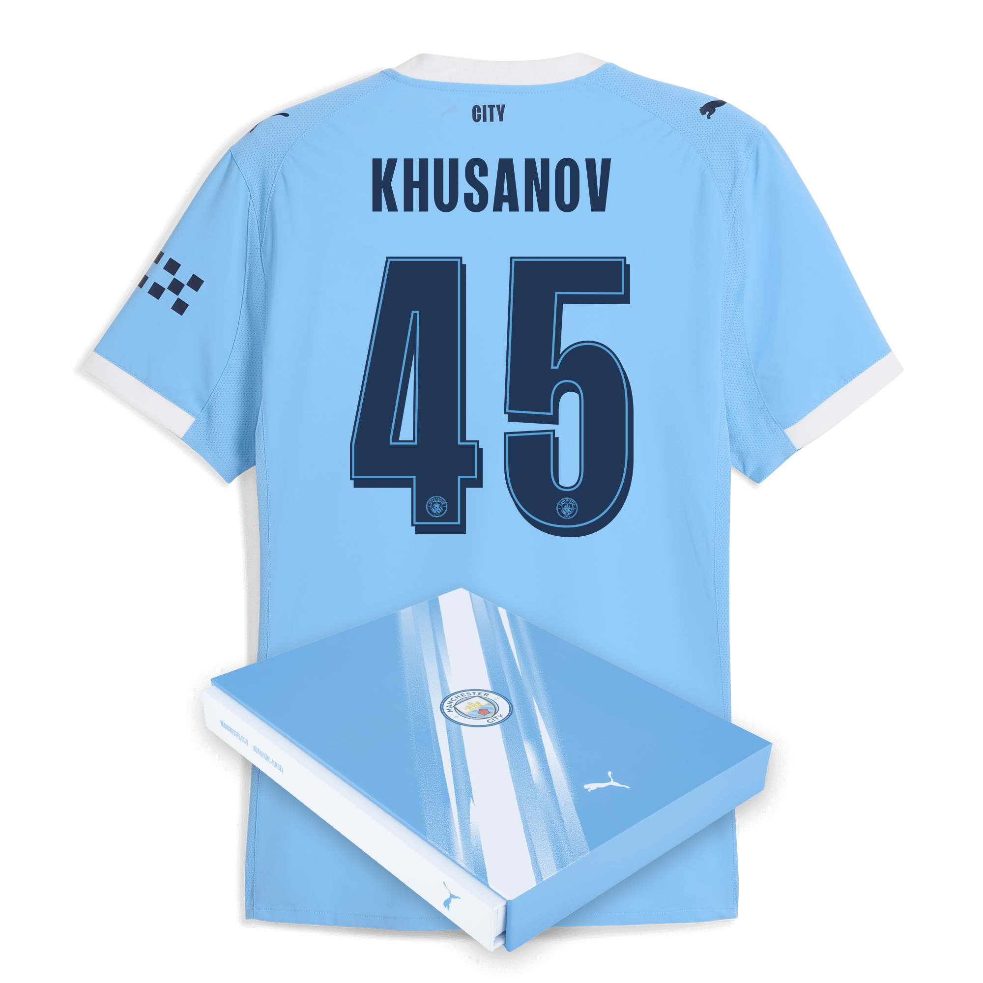 Manchester City manchester city man city home authentic jersey 202526 with khusanov 45 printing in gift box Collection - ManchesterCitystore.com